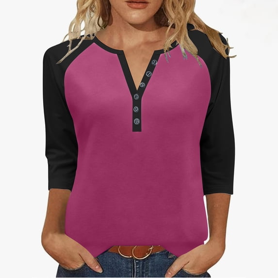 Htigea Womens 3/4 Sleeve Henley Tops Trendy Color Block Baseball Raglan Shirts Fall Button Neck Jersey Tees Hot Pink L