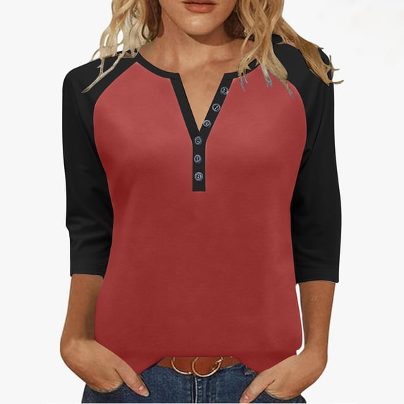 Htigea Womens 3/4 Sleeve Henley Tops Trendy Color Block Baseball Raglan Shirts Fall Button Neck Jersey Tees Red M