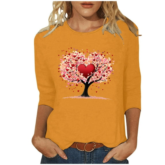 Htigea Womens 3/4 Sleeve Shirts Valentine's Day Heart Graphic T-Shirts Casual Comfy Ladies Seven Sleeves Lightweight Loose Fit Pullover Tops Time-Limited Sales Orange,XXXL