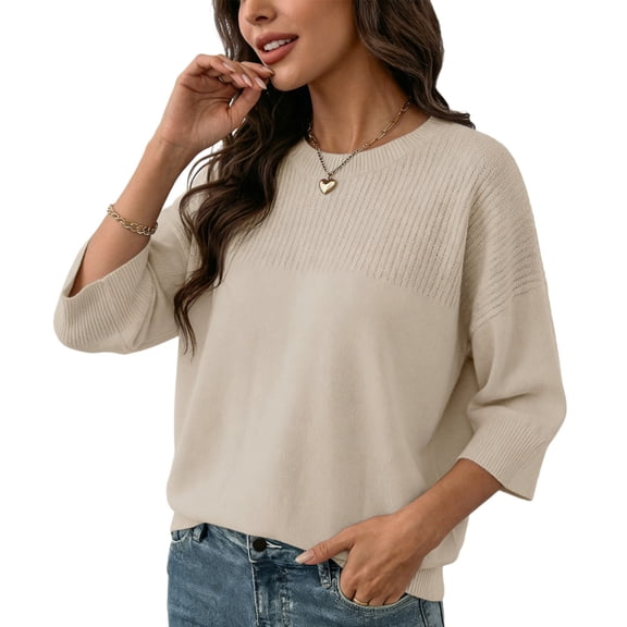 Htigea Womens 3/4 Sleeve Sweaters Knitted Crewneck Drop Shoulder Tops Casual Loose Fit Basic Sweater Khaki S