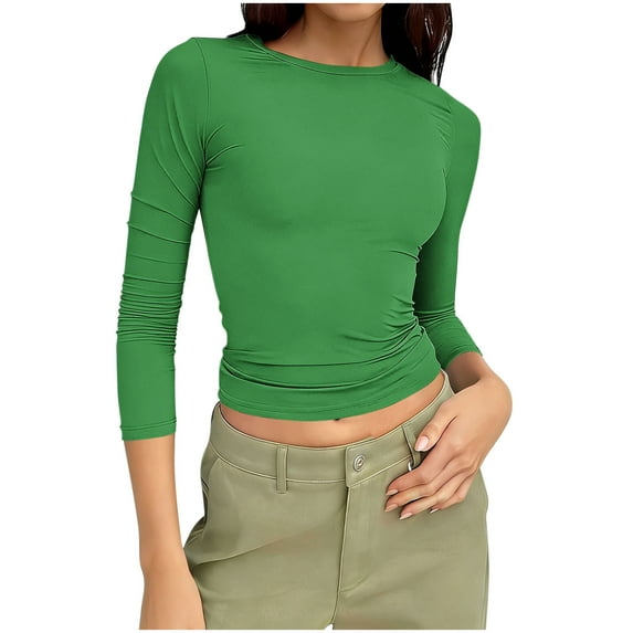 Htigea Womens 3/4 Sleeve T Shirts Stretchy Slim Fit Crop Tops Y2k Solid Color Going Out Base Layer Tee Green S