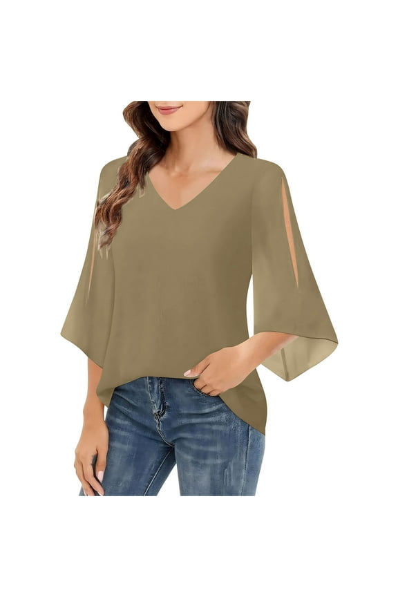 Womens 3/4 Sleeve V Neck Shirts Double Layers Chiffon Blouses Dressy Tunic Tops Solid Color Summer Tees Brown,M