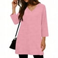 thumbnail image 1 of Htigea Womens 3/4 Sleeve V-Neck Tops Side Slit Tunic T-Shirts Solid Casual Loose Fit Pullover Soft Comfy Daily Tees Pink S, 1 of 6