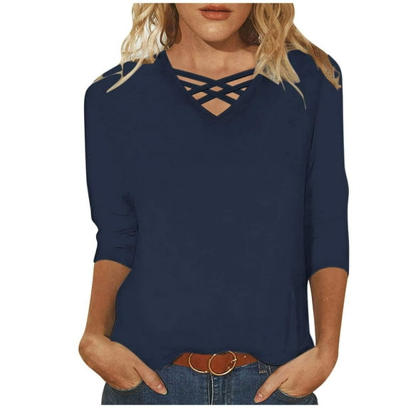 Htigea Womens 3/4 Sleeve V Neck Tops Summer Solid Color Criss Cross Blouse Comfy T Shirts Plus Size Pullover Tees Three Quarter Shirts Fashion Holiday Tops Dark Blue,2XL