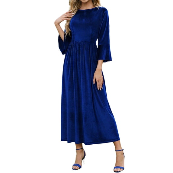 Htigea Womens 3/4 Sleeve Velvet Dress Spring Fall Crew Neck Mid-Length Dress Solid Holiday Cocktail Party Dresses Dark Blue L