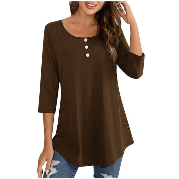 Htigea Womens 3 Buttons Tops Crewneck 3/4 Sleeve T Shirts Casual Tunic Tees to Wear with Leggings Brown,M