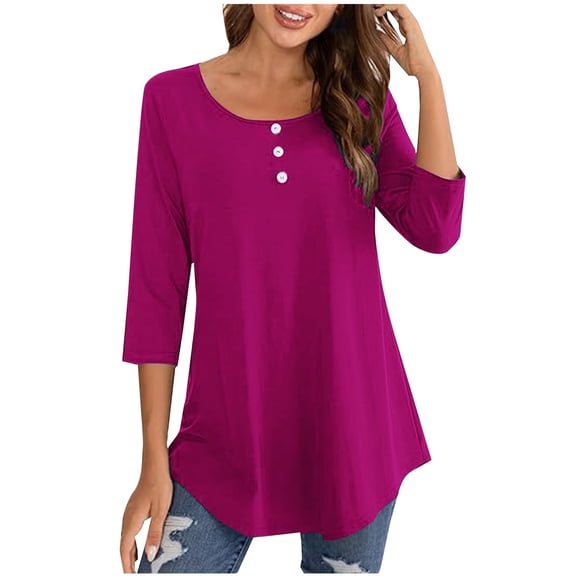 Htigea Womens 3 Buttons Tops Crewneck 3/4 Sleeve T Shirts Casual Tunic Tees to Wear with Leggings Hot Pink,M