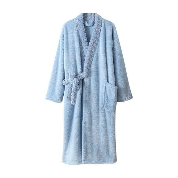 Htigea Womens Absorbent Towel Robes Fleece Lace-Up Long Sleeve Bath Robe Cute Sleepwear Fall Winter Bathrobes with Pocket Blue,XL