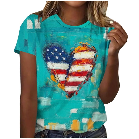 Htigea Womens American Flag Heart Shirt 4th of July T-Shirt Patriotic Graphic Tees Summer Crewneck Short Sleeve Tops Green M