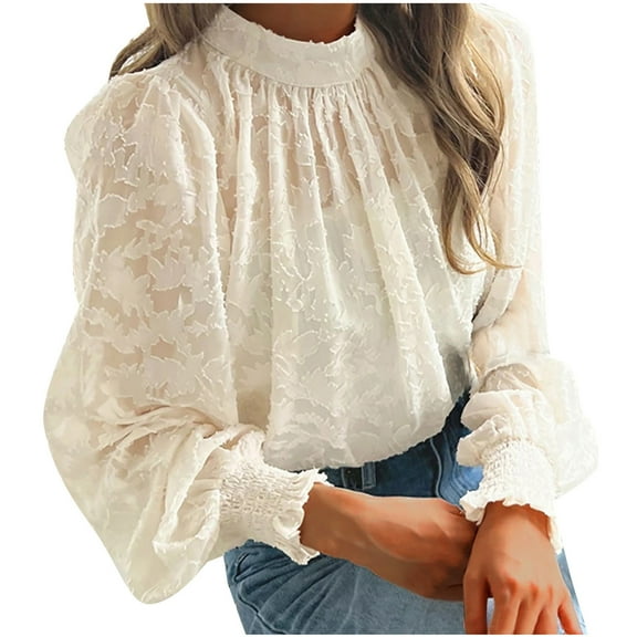 Htigea Womens Babydoll Tops Chiffon Mock Neck Lantern Long Sleeve Casual Loose Fit Fall Shirts Beige L