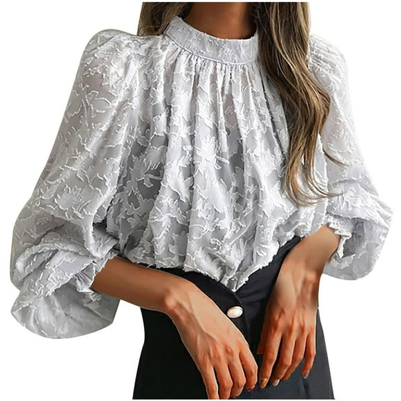 Htigea Womens Babydoll Tops Chiffon Mock Neck Lantern Long Sleeve Casual Loose Fit Fall Shirts Gray M