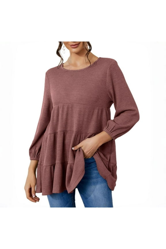 Womens Babydoll Tops Waffle 3/4 Long Sleeve Peplum Tunic Shirts Fall Casual Loose Fit Blouses Brown M