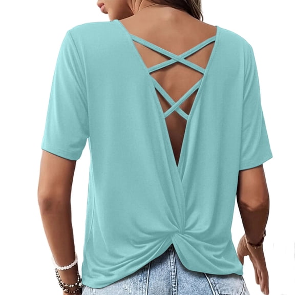 Htigea Womens Backless Tops Open Back Twist Criss Cross Short Sleeve T Shirts Summer Casual Loose Fit Yoga Workout Tee Sky Blue XXL