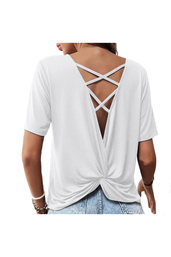 Womens Backless Tops Open Back Twist Criss Cross Short Sleeve T Shirts Summer Casual Loose Fit Yoga Workout Tee White XXXL