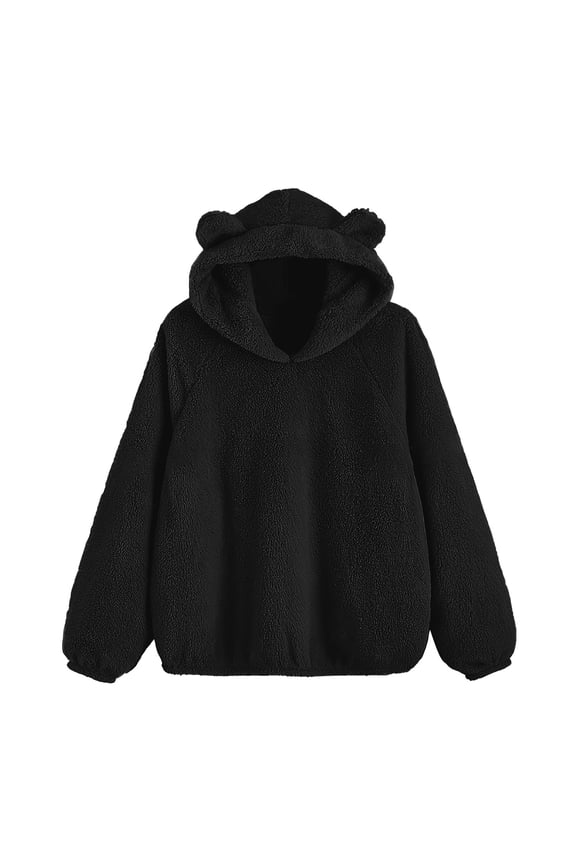 Womens Bear Ears Hoodies Sherpa Fleece Hooded Sweatshirts Oversized Long Sleeve Pullover Tops Black S