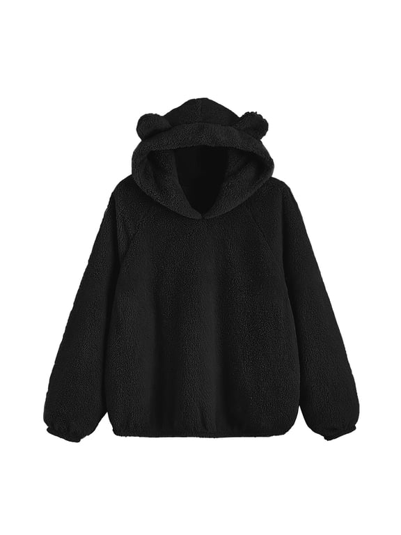 Womens Bear Ears Hoodies Sherpa Fleece Hooded Sweatshirts Oversized Long Sleeve Pullover Tops Black XL