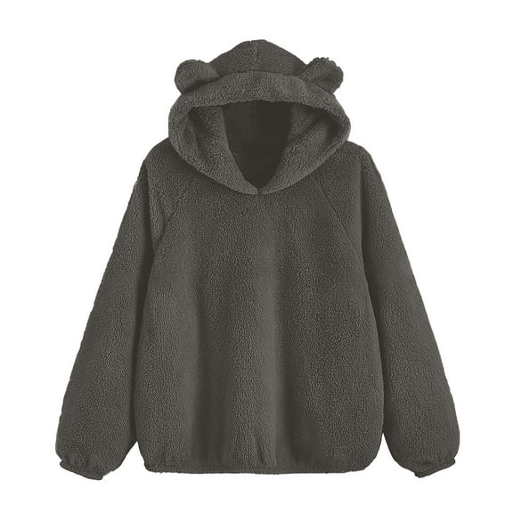 Htigea Womens Bear Ears Hoodies Sherpa Fleece Hooded Sweatshirts Oversized Long Sleeve Pullover Tops Dark Gray S