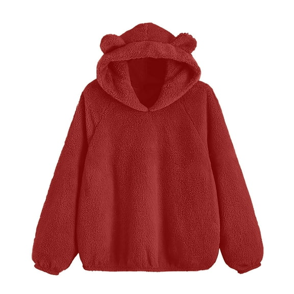 Htigea Womens Bear Ears Hoodies Sherpa Fleece Hooded Sweatshirts Oversized Long Sleeve Pullover Tops Wine S