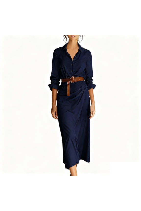 Womens Belted Dress Collared Long Sleeve Button Down Maxi Dress Semi Formal Spring Fall Work & Everyday Dresses Navy S
