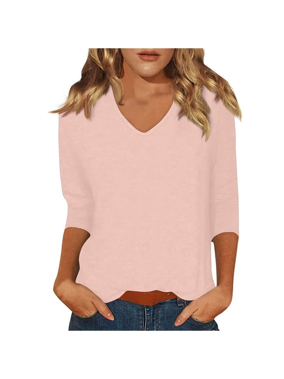 Womens Blouse 3/4 Sleeve Loose Fitted T Shirts V Neck Solid Color Shirt Women's Half Sleeves Tops Activewear Pink,XL