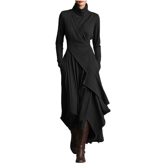 Htigea Womens Bodycon Dresses Long Sleeve High Neck Maxi Dress Irregular Hem Wrap Dress Vintage Club Party Dresses Black S