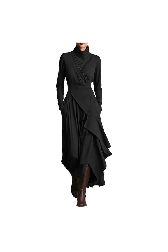 Womens Bodycon Dresses Long Sleeve High Neck Maxi Dress Irregular Hem Wrap Dress Vintage Club Party Dresses Black S