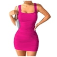 thumbnail image 1 of Htigea Womens Bodycon Mini Dresses Square Neck Ruched Sleeveless Tank Dress Summer Short Club Party Dress Hot Pink S, 1 of 7