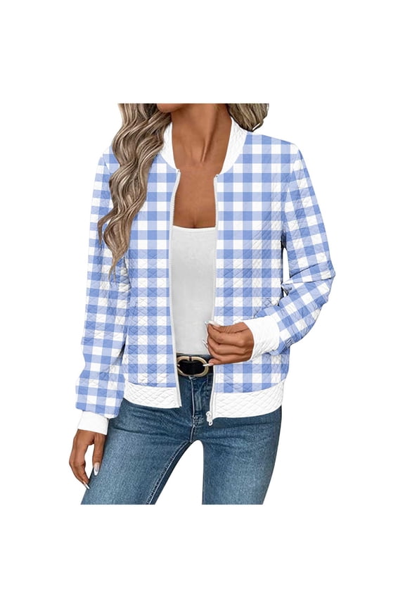 Womens Bomber Jackets Trendy Plaid Print Stand Collar Zip Up Coat Lightweight Fall Varsity Jackets with Pockets Light Blue XL