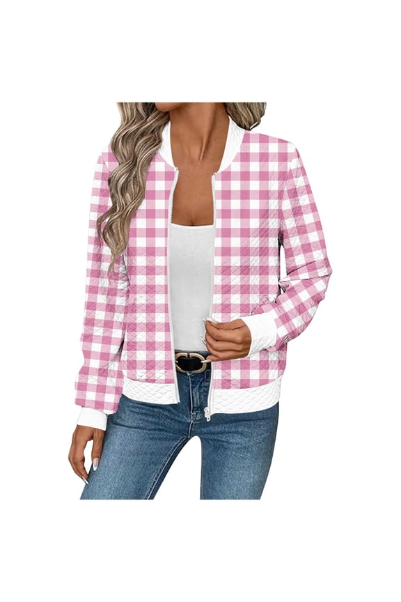 Womens Bomber Jackets Trendy Plaid Print Stand Collar Zip Up Coat Lightweight Fall Varsity Jackets with Pockets Pink M