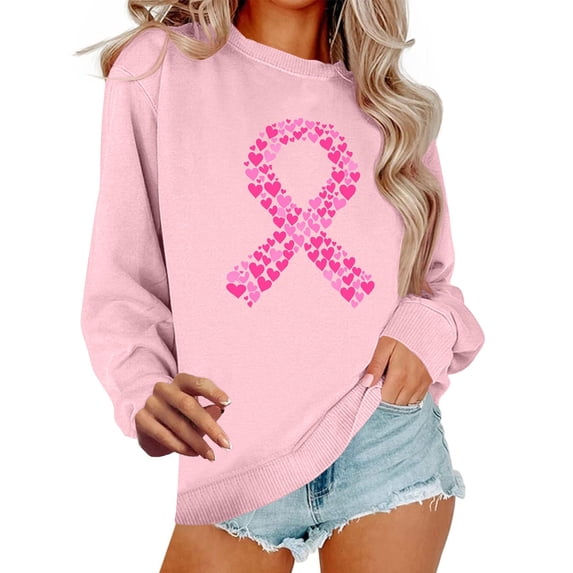 Htigea Womens Breast Cancer Awareness Sweatshirts Pink Ribbon Long Sleeve Pullover Casual Crewneck Tops Ladies Gift Clothes Pink XL