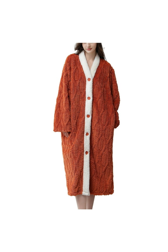 Womens Button Down Nightgown Plush Fleece Bathrobe Winter Warm Housecoat Soft Comfy Loungewear with Pockets Orange,M