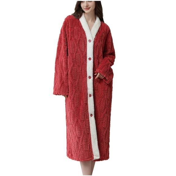 Htigea Womens Button Down Nightgown Plush Fleece Bathrobe Winter Warm Housecoat Soft Comfy Loungewear with Pockets Wine,L