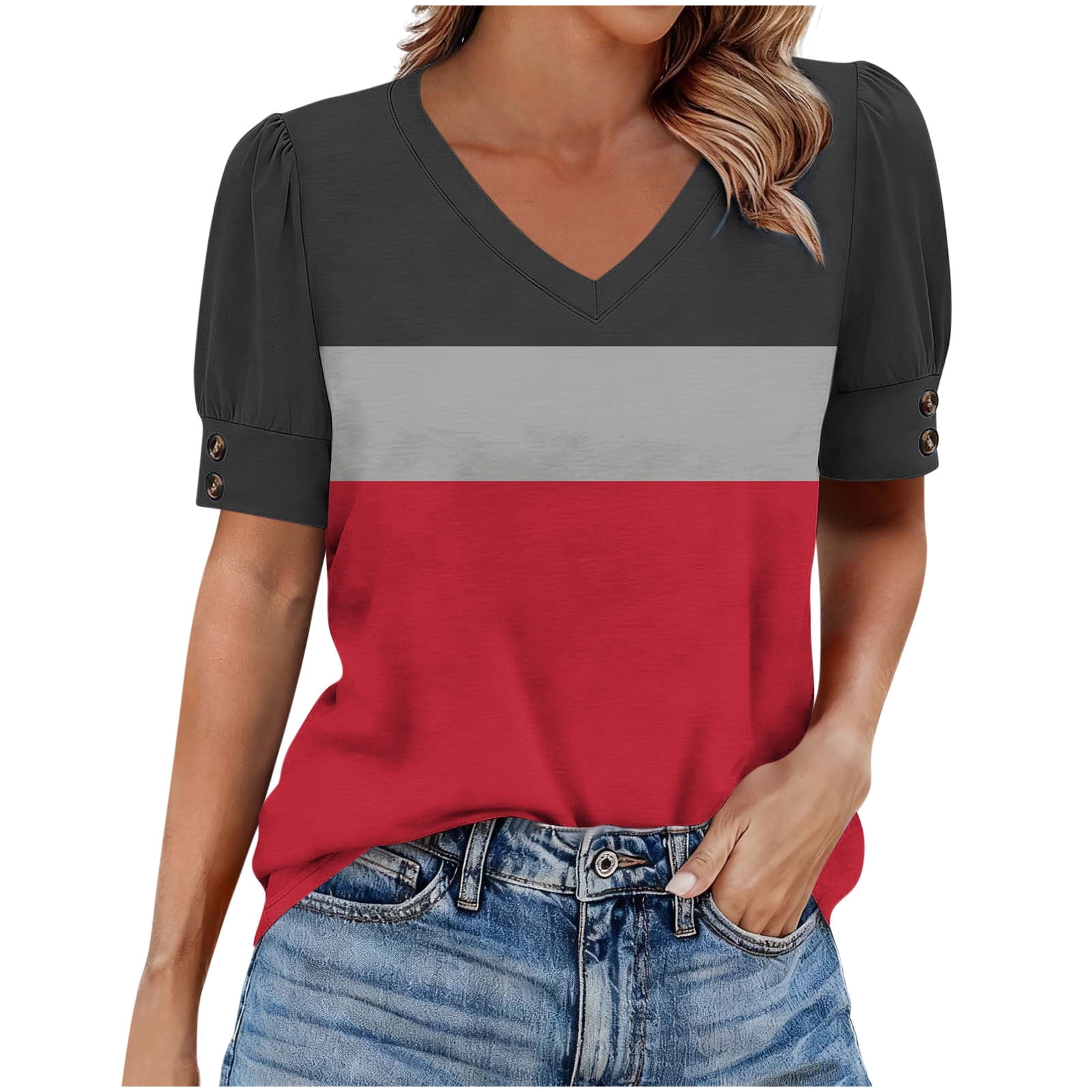 Htigea Womens Buttons Short Sleeve Shirts Color Block V Neck Summer ...