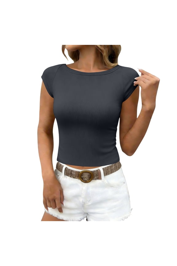 Womens Cap Sleeve Summer Tops Solid Color Crew Neck Stretchy Slim Fit Crop T Shirts Dark Gray S