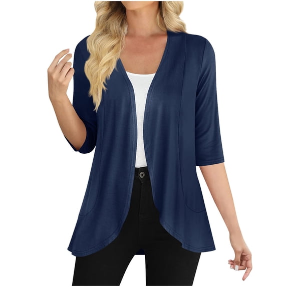 Htigea Womens Cardigan Casual 3/4 Sleeve Soft Comfy Cardigans Open Front Cardigan Tops Navy,M