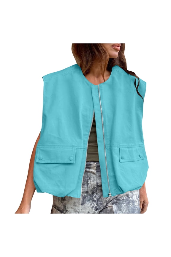 Womens Cargo Vest Casual Zip Up Ruched Hem Sleeveless Jackets Lightweight Blazer Tops with Pockets Sky Blue M