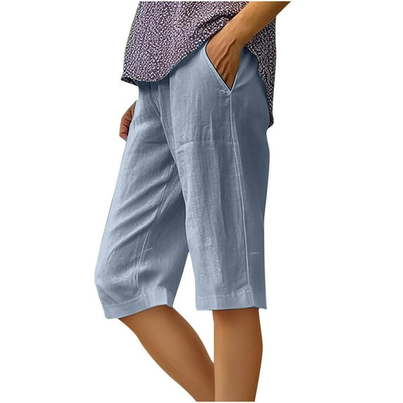 Htigea Womens Casual Shorts Cotton Linen Five Points Pants Elastic Waisted Lounge Shorts Solid Color Loose Summer Shorts with Pockets Sky Blue XXL