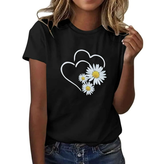 Htigea Womens Casual T-Shirts Heart Daisy Graphic Short Sleeve Tees Summer Cotton T Shirt Lightweight Breathable Basic Tshirts Black,L