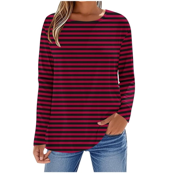 Htigea Womens Classic Tops Striped Long Sleeve Round Neck T-Shirts Casual Loose Fit Tunic Tees Wine M