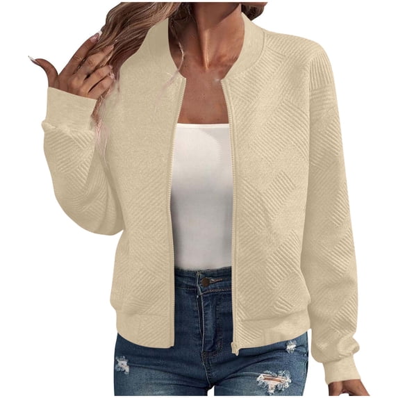 Htigea Womens Coats Full Zip Up Open Front Jackets Solid Color Basic Tops Beige,M