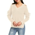 thumbnail image 1 of Htigea Womens Cold Shoulder Lace Up Sweaters Solid V-Neck Long Sleeve Pullover Side Split Knitted Sweater Jumper Beige S, 1 of 7