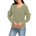 thumbnail image 1 of Htigea Womens Cold Shoulder Lace Up Sweaters Solid V-Neck Long Sleeve Pullover Side Split Knitted Sweater Jumper Mint Green M, 1 of 7