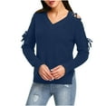 thumbnail image 1 of Htigea Womens Cold Shoulder Lace Up Sweaters Solid V-Neck Long Sleeve Pullover Side Split Knitted Sweater Jumper Navy L, 1 of 7