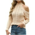 thumbnail image 1 of Htigea Womens Cold Shoulder Sweaters Fall Winter Long Sleeve Mock Neck Pullover Soft Cable Knit Pullover Jumper Tops Khaki L, 1 of 8