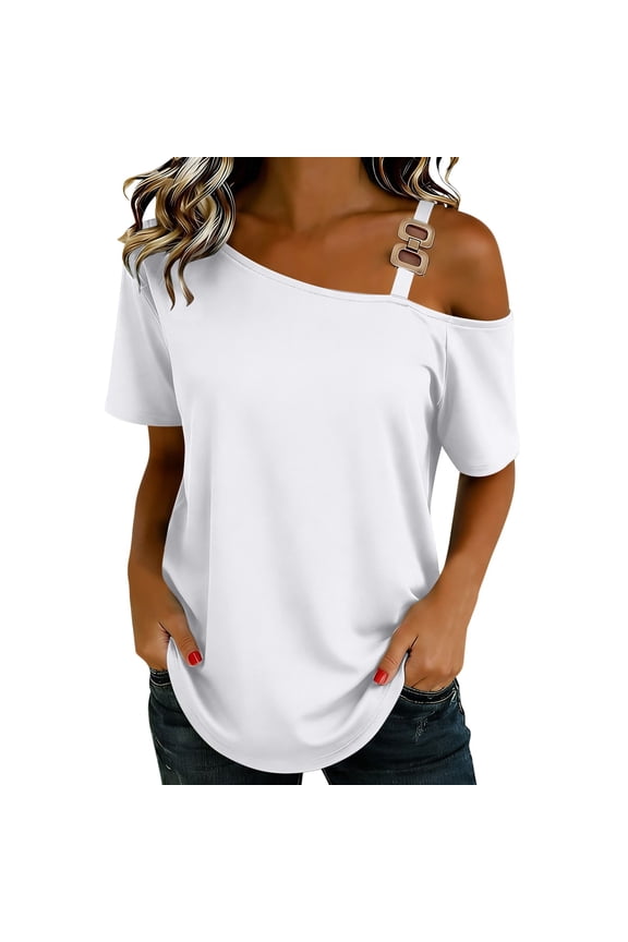 Womens Cold Shoulder Tops Summer Short Sleeve T Shirts Solid Color Casual Loose Fit Tees Trendy Date Night Blouses White M