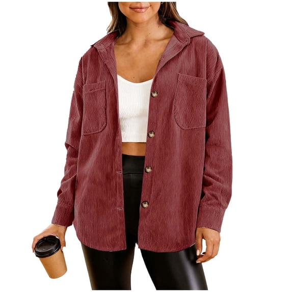 Htigea Womens Corduroy Button Down Shirt Jackets Fall Long Sleeve Lapel Shackets Casual Everyday Tops with Chest Pocket Wine S