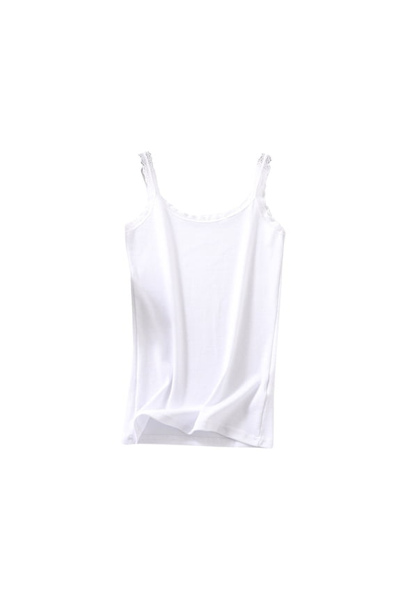 Womens Cotton Camisole Lace Spaghetti Strap Tank Tops Scoop Neck Sleeveless Undershirt Blouse Solid Casual Loose Tanks Cami White,L