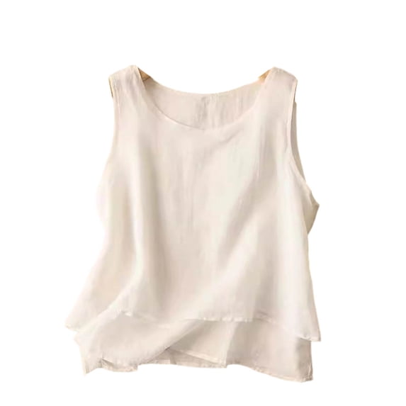Htigea Womens Cotton Linen Tank Tops Casual High Low Hem Sleeveless Shirts Solid Color Crew Neck Tanks Summer Blouse White XL