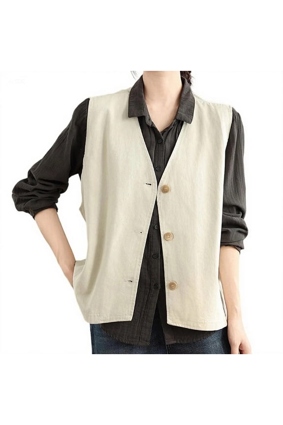 Womens Cotton Vest Casual Sleeveless Blazer Cardigans Lightweight Button Button Open Front Jacket Waistcoat Beige XL