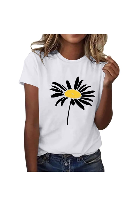 Womens Crew Neck Short Sleeve Tops Cotton Daisy Graphic T-Shirts Summer Lightweight Casual Everyday Shirt Cute Tees ZB White T-Shirts L